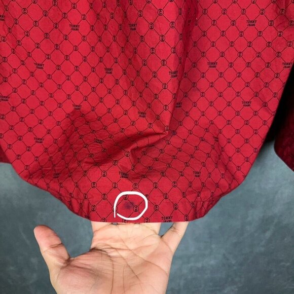 Y2K Tommy Jeans Shirt Mens XL Red Button Up Long Sleeve Logo - Picture 10 of 12